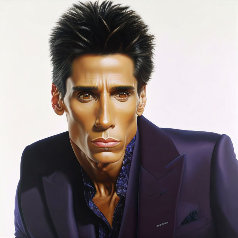 Hyperrealistic painting of man in dark suit with sharp jawline and spiky hair