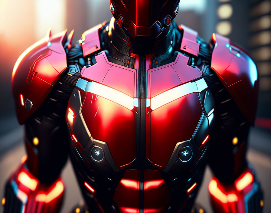 Futuristic Red and Black Armored Suit in Urban Twilight