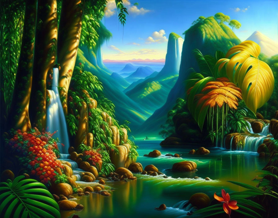 Tropical landscape with waterfall, lush greenery, colorful plants, serene pond