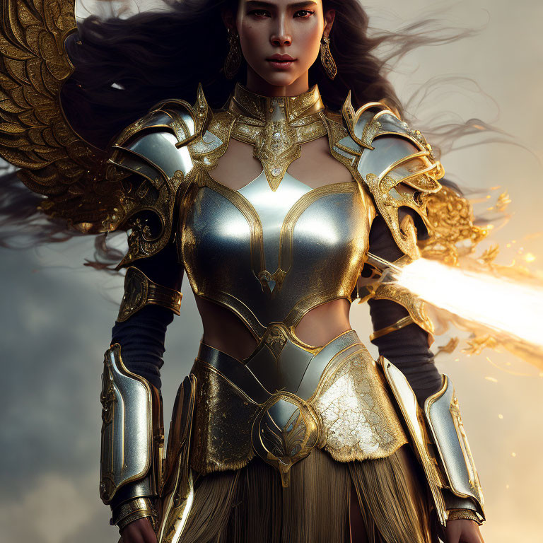 Warrior woman in golden armor wields glowing sword under dramatic sky