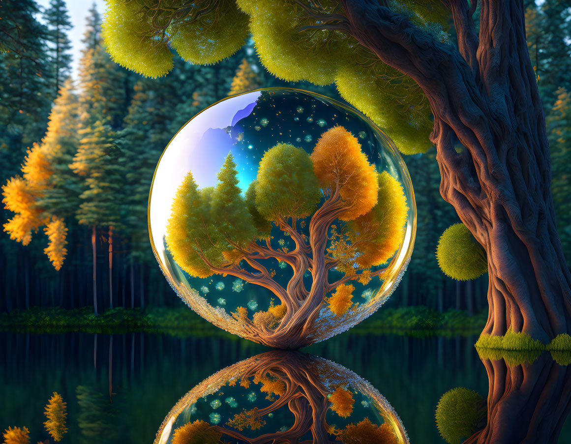 Surreal landscape with transparent sphere, golden tree, forest, and starry night sky.