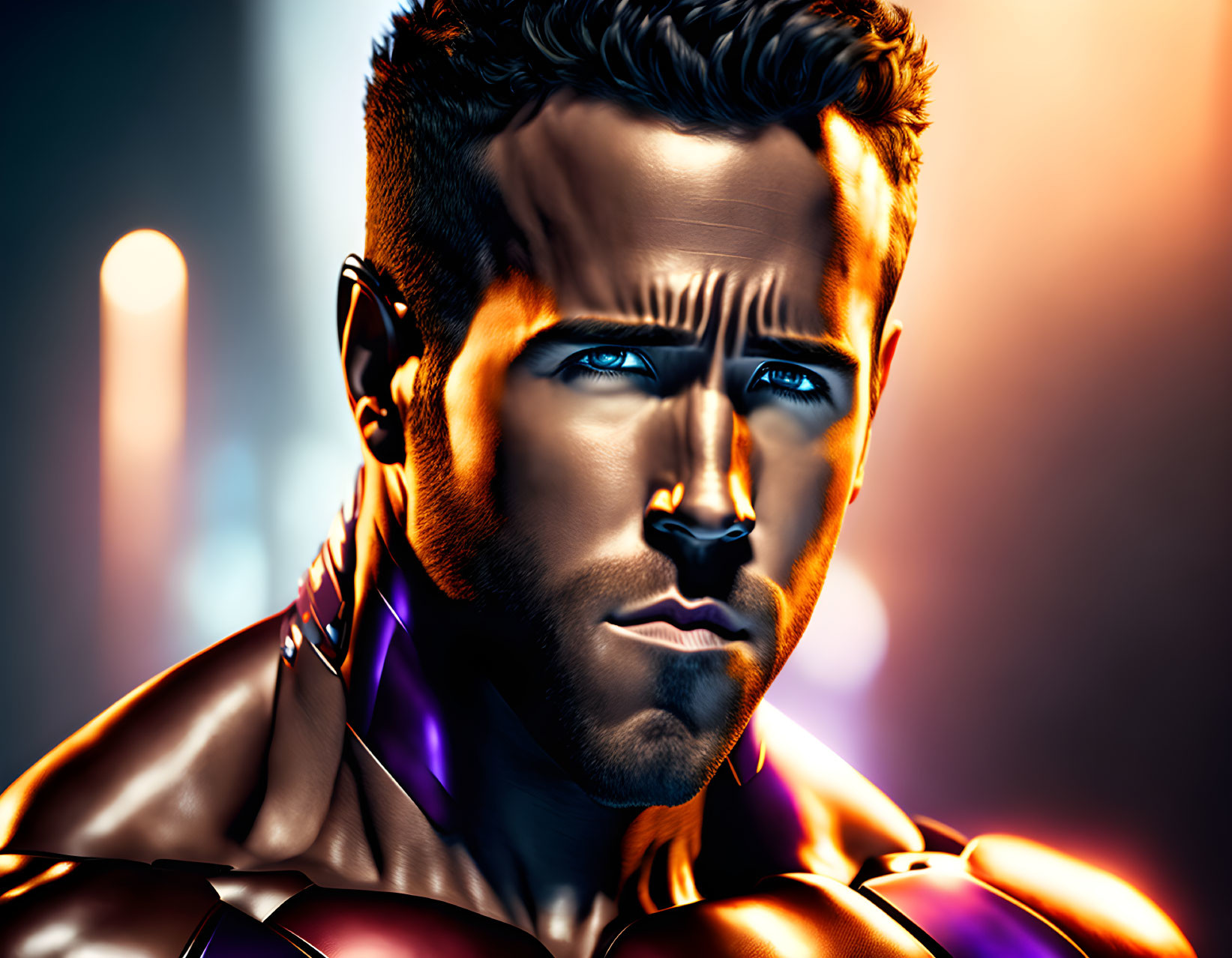 Digital portrait of a man with blue eyes and superhero suit on orange-blue background