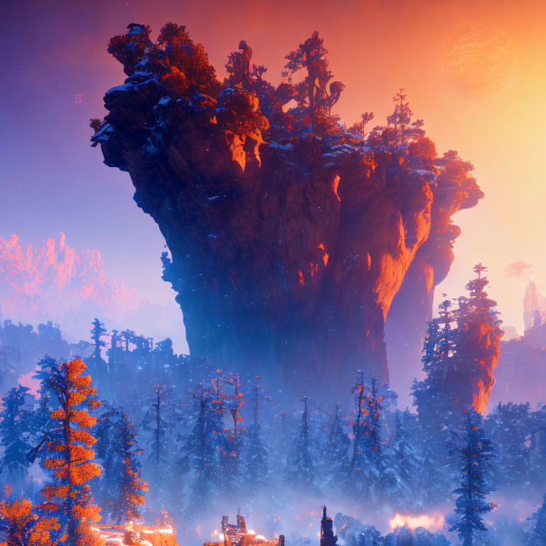 Twilight fantasy landscape with floating island, snowy forest, and red celestial body