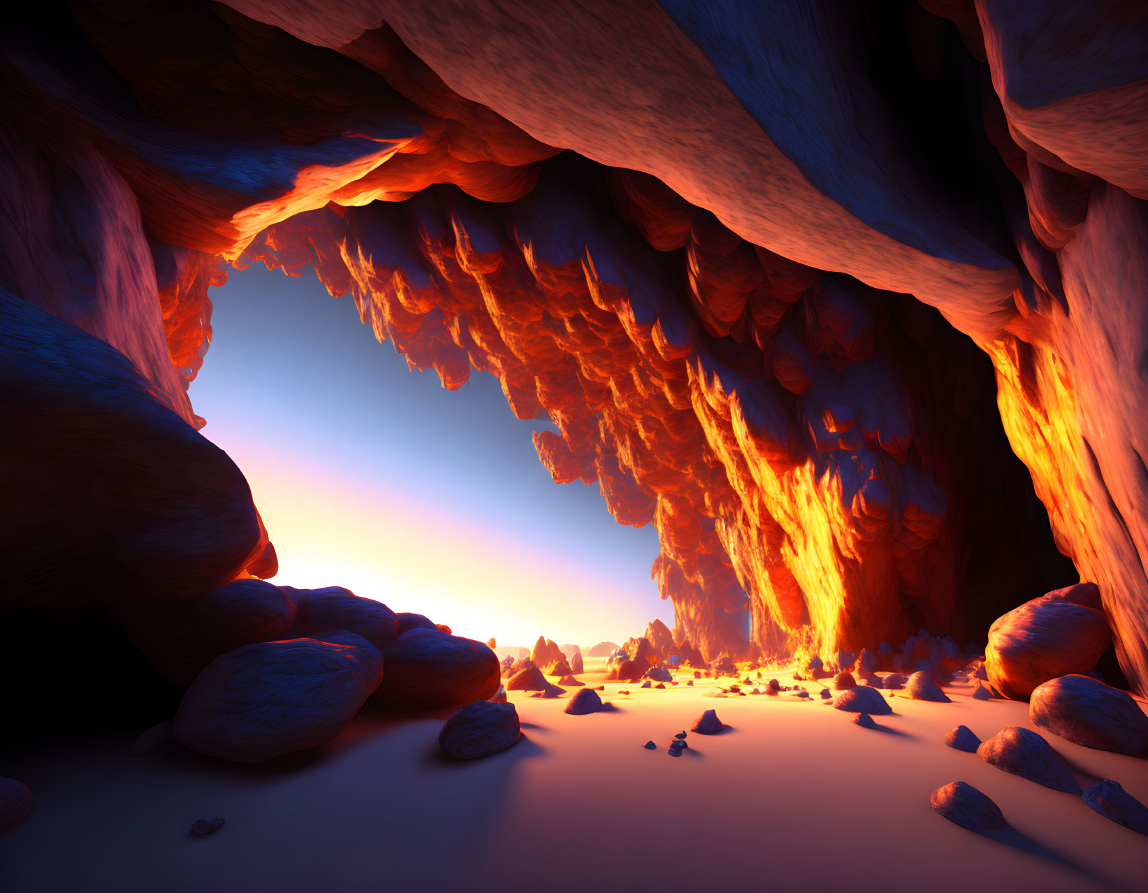 Scenic sunset illuminates cave with stalactites