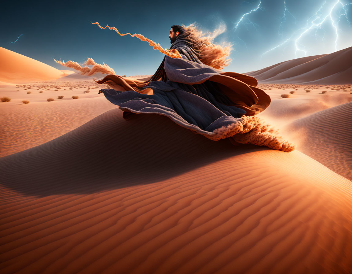 Mysterious figure on desert dune under dramatic lightning.