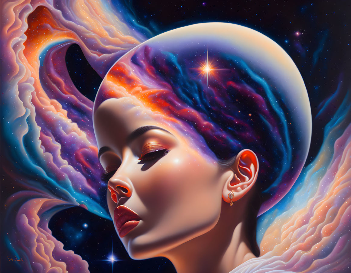 Cosmic-themed surreal portrait with vibrant galaxy background.