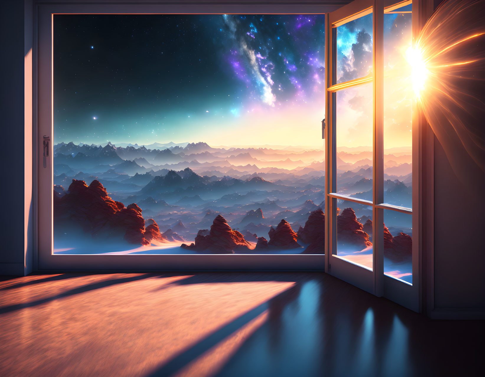 Surreal landscape with mountain peaks under starry sky visible through open door