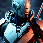 Detailed Metallic Armor on Futuristic Robotic Figure in Blue Light