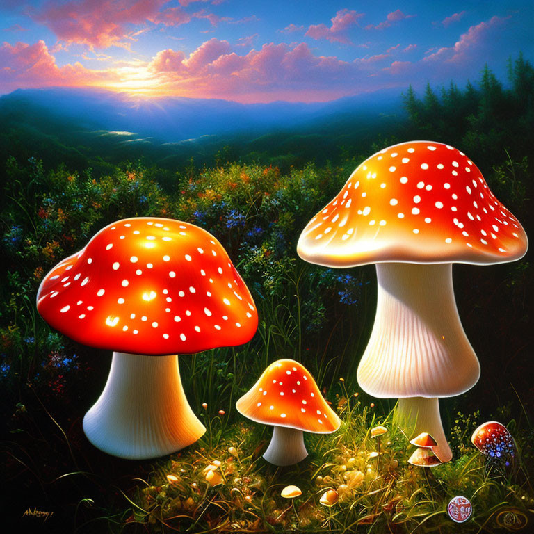 Colorful painting of oversized red-capped mushrooms in lush forest at sunset