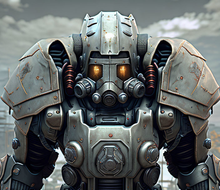 Detailed Weathered Mech Suit with Glowing Eye Slits