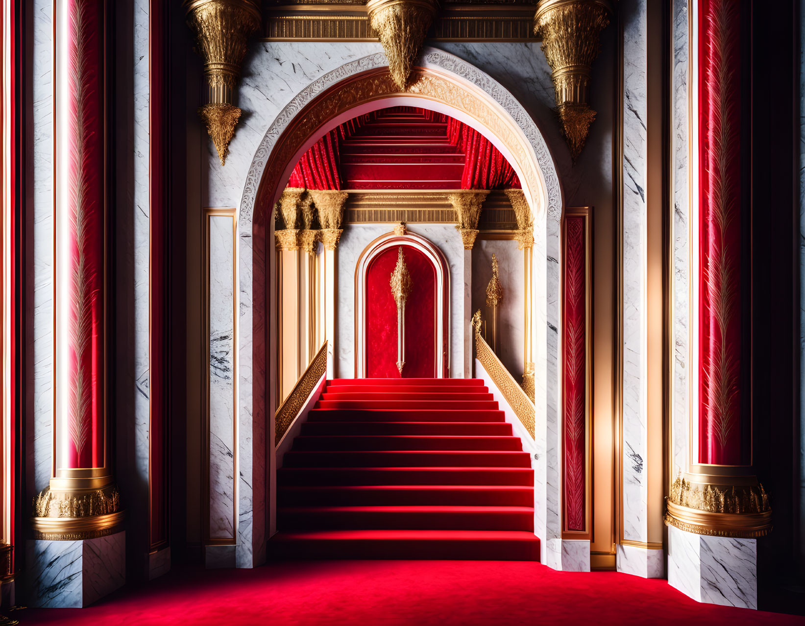 Luxurious Red Carpeted Corridor with Marble Columns and Gold Details