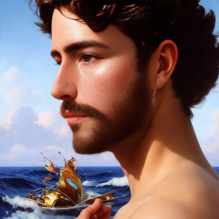 Profile view of bearded man with earring, ship sailing on sea in beard