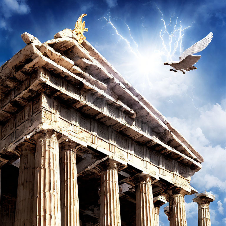 Eagle flying near ancient temple under dramatic sky with lightning