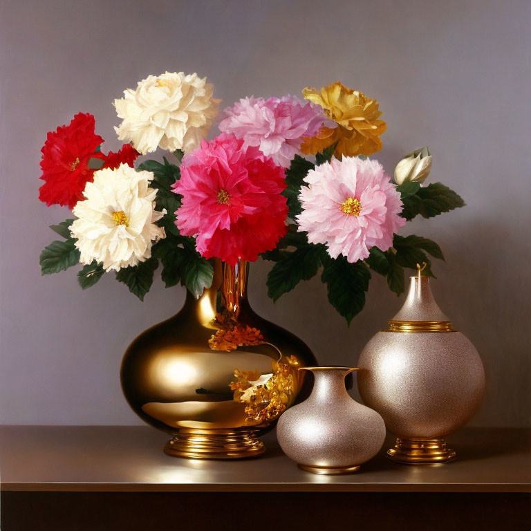 Colorful peonies in golden vase with decorative vases on neutral backdrop