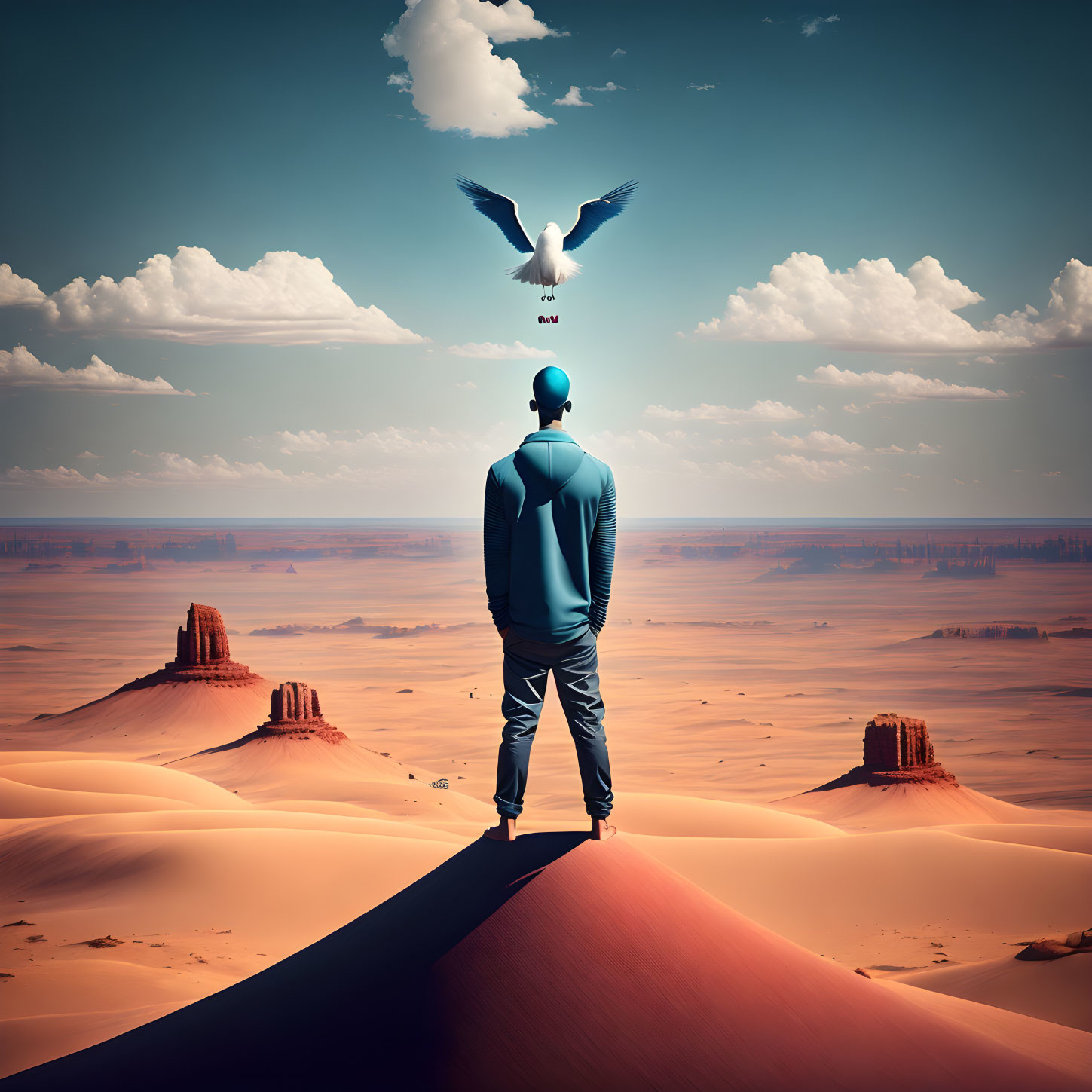 Hooded figure on sand dune gazes at desert landscape with flying bird