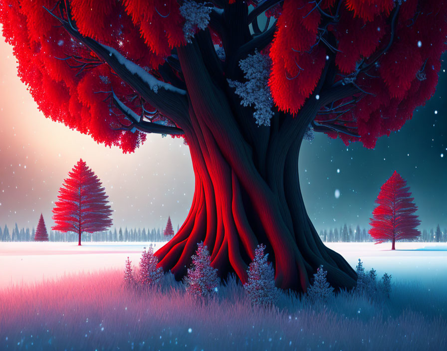 Fantasy landscape with large red tree in snowy field at twilight