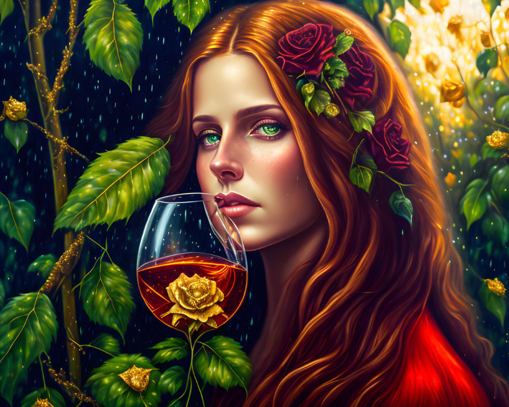 Digital artwork: Woman with red hair holding wine glass in lush greenery