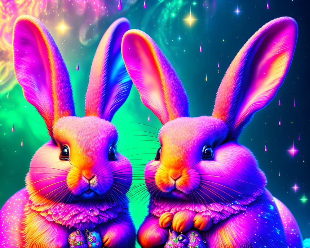 Neon pink rabbits in sparkling fur under a starry sky wearing jeweled necklaces