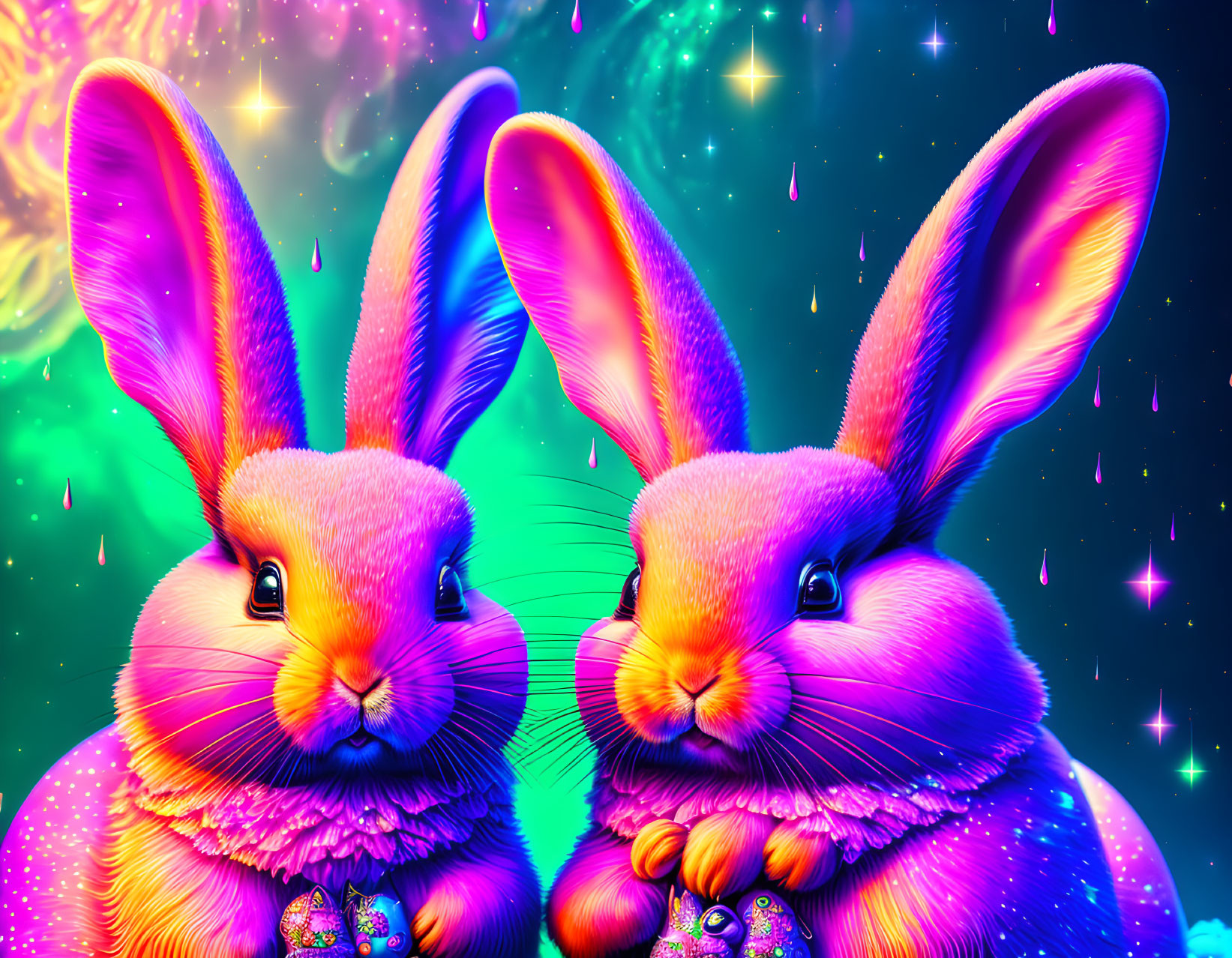 Neon pink rabbits in sparkling fur under a starry sky wearing jeweled necklaces