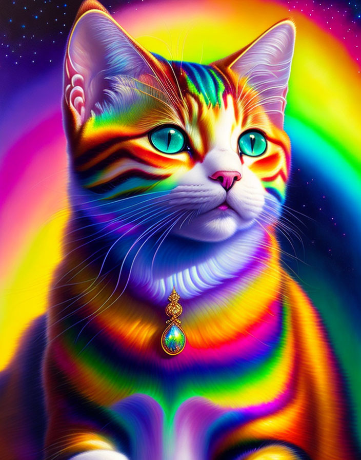 Colorful Rainbow-Striped Cat with Shiny Pendant on Psychedelic Background