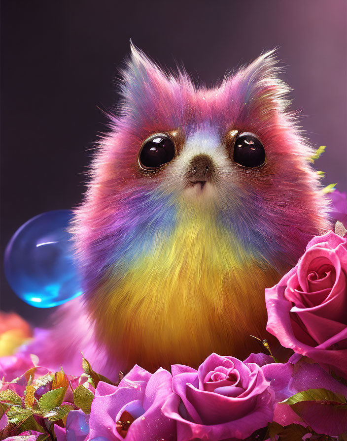 Colorful Fluffy Creature Surrounded by Pink Roses on Dark Background