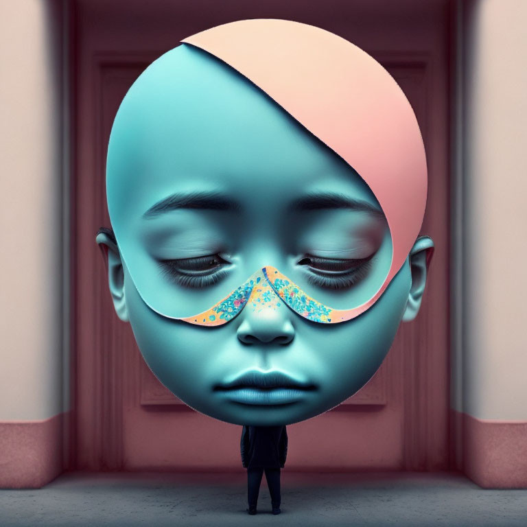 Small Figure under Giant Two-Toned Face Mask with Colorful Pattern
