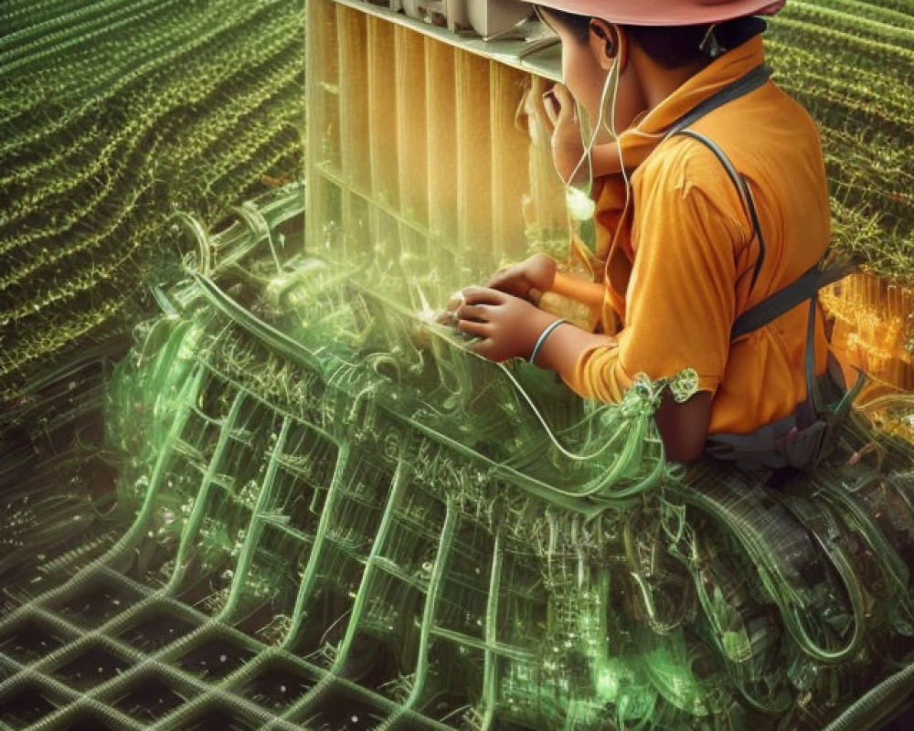 Worker in Orange Shirt Inspects Circuit Board Array with Green Light Patterns