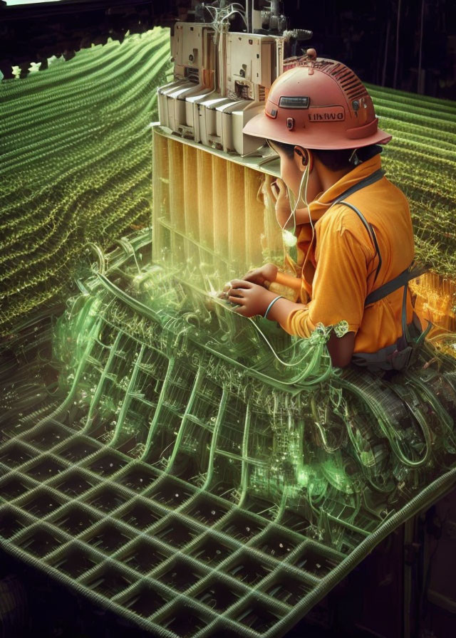 Worker in Orange Shirt Inspects Circuit Board Array with Green Light Patterns