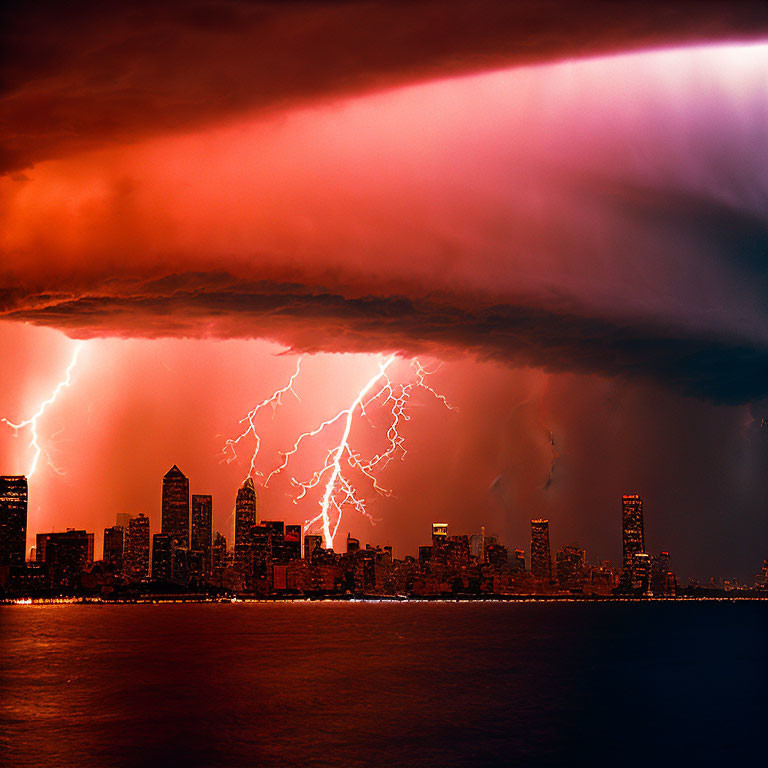 Thunderstorm over cityscape with dramatic lightning bolts.