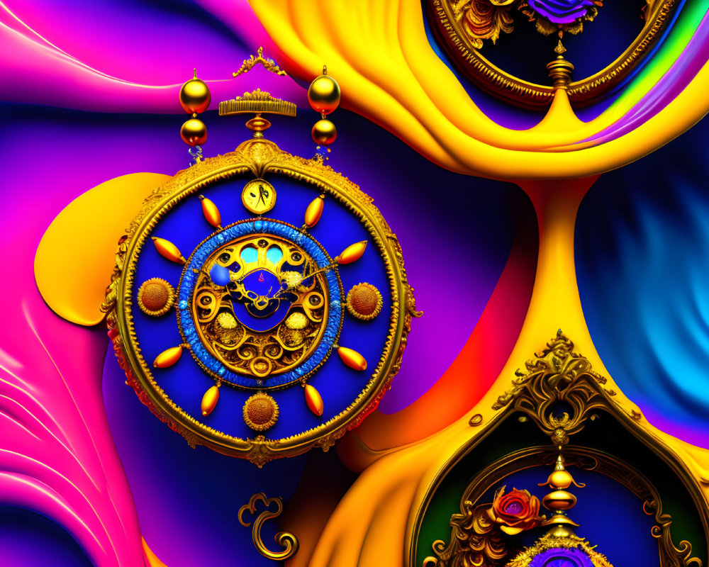 Intricate Golden Clock Object on Psychedelic Background