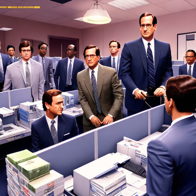 Vintage office scene with men in business attire, desks, typewriters, and papers