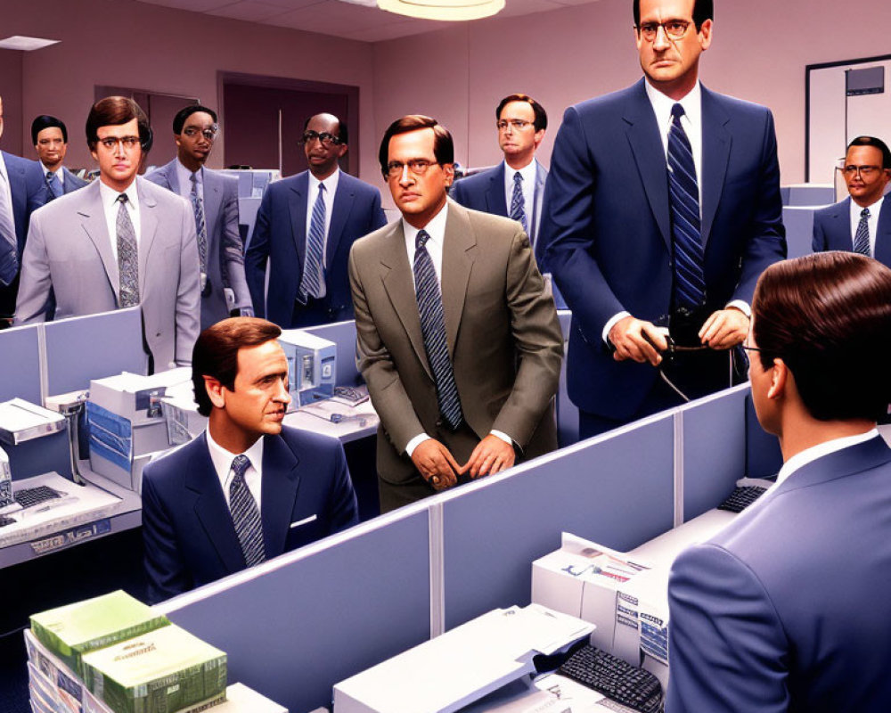Vintage office scene with men in business attire, desks, typewriters, and papers