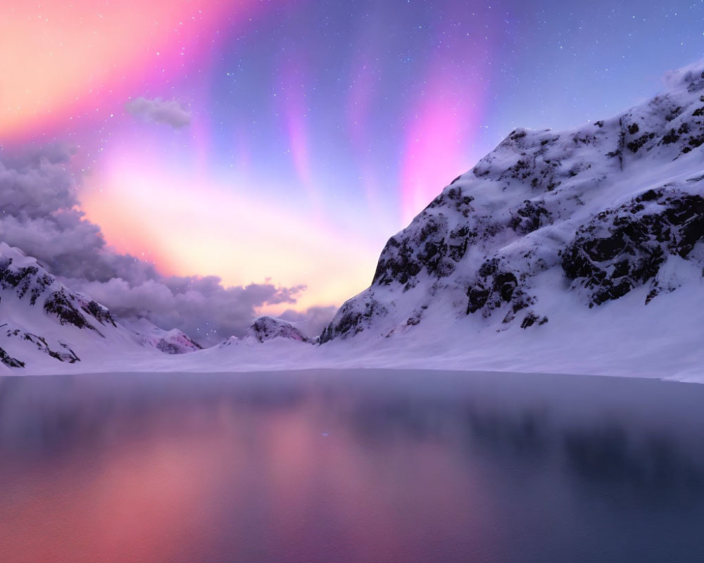 Twilight scene: Alpine lake with aurora borealis and snow-capped peaks