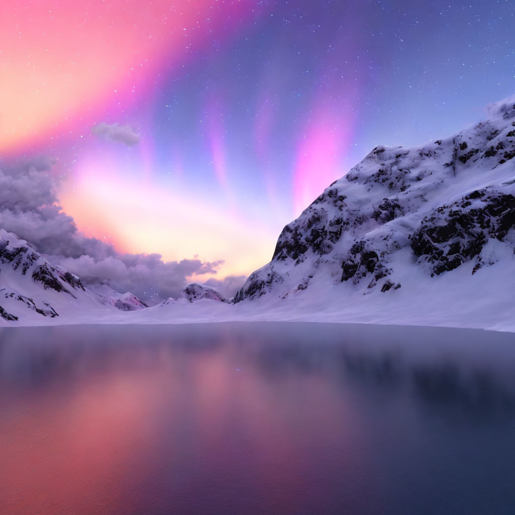 Twilight scene: Alpine lake with aurora borealis and snow-capped peaks