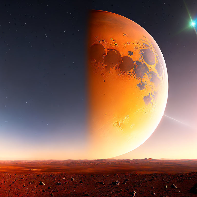 Detailed Digital Art: Large Mars-Like Planet on Rocky Surface