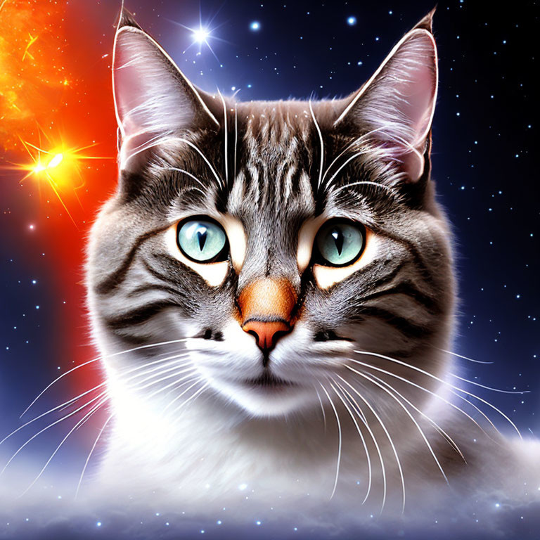 Digital Artwork: Cat with Blue Eyes in Cosmic Setting