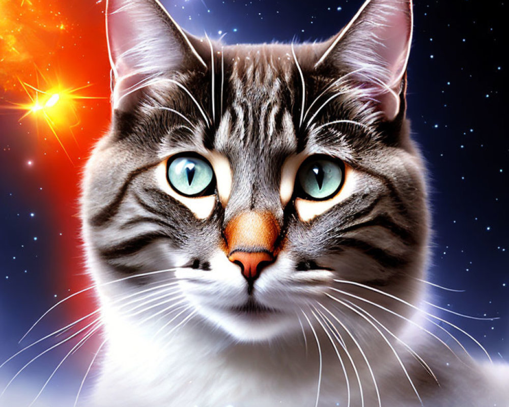 Digital Artwork: Cat with Blue Eyes in Cosmic Setting