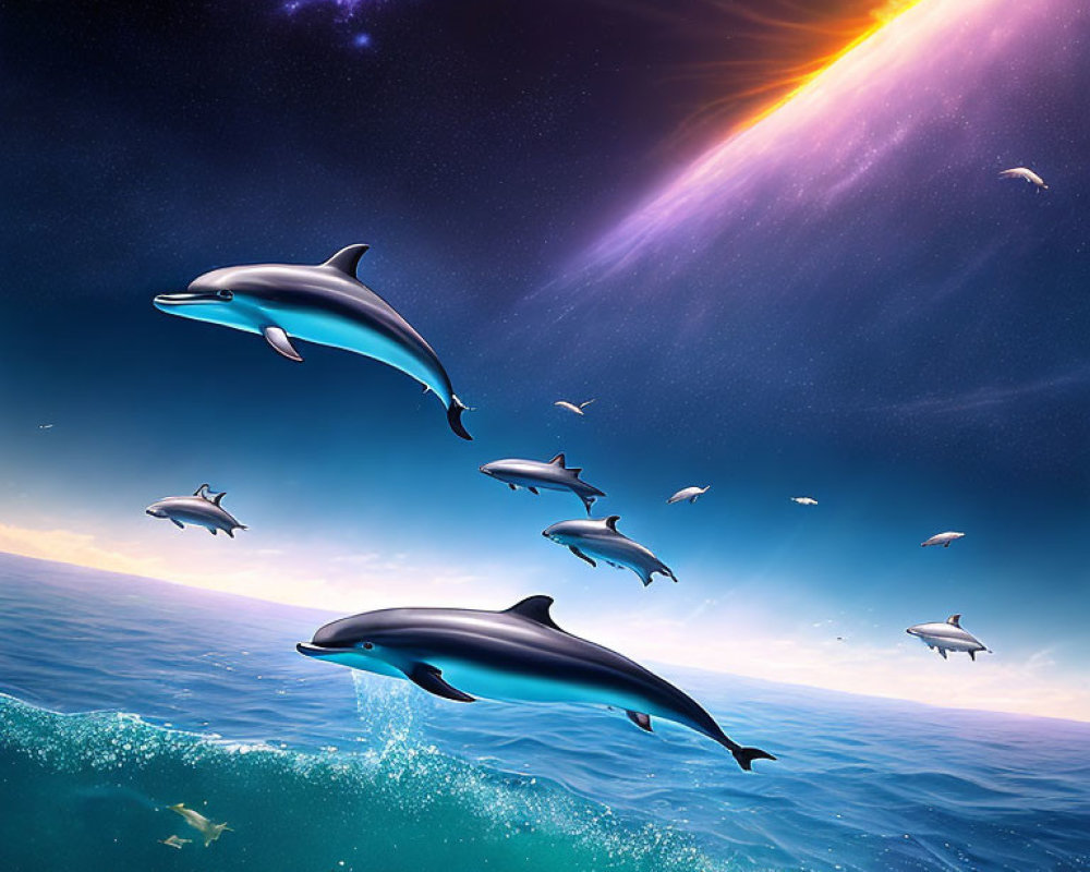 Dolphins leaping from ocean with cosmic backdrop