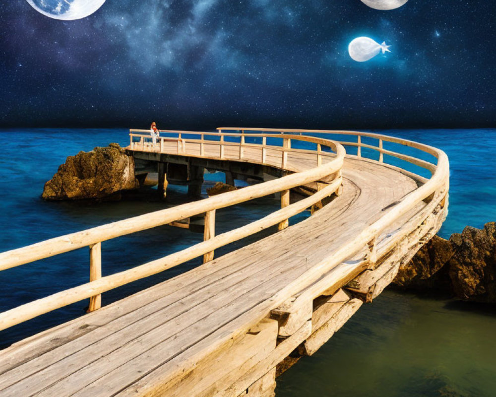 Wooden Pier Over Rocky Shore Night Scene with Surreal Sky