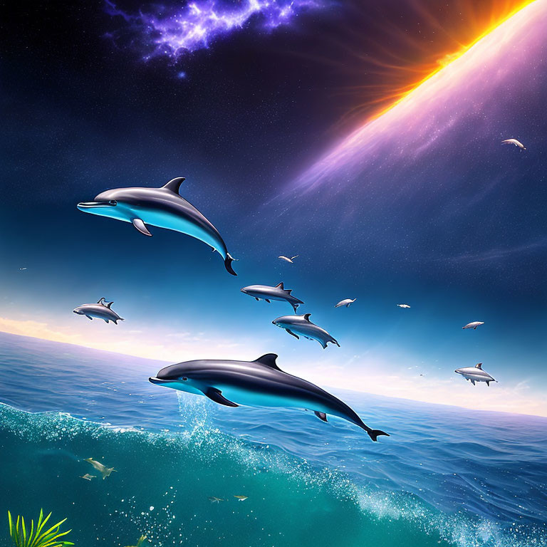 Dolphins leaping from ocean with cosmic backdrop