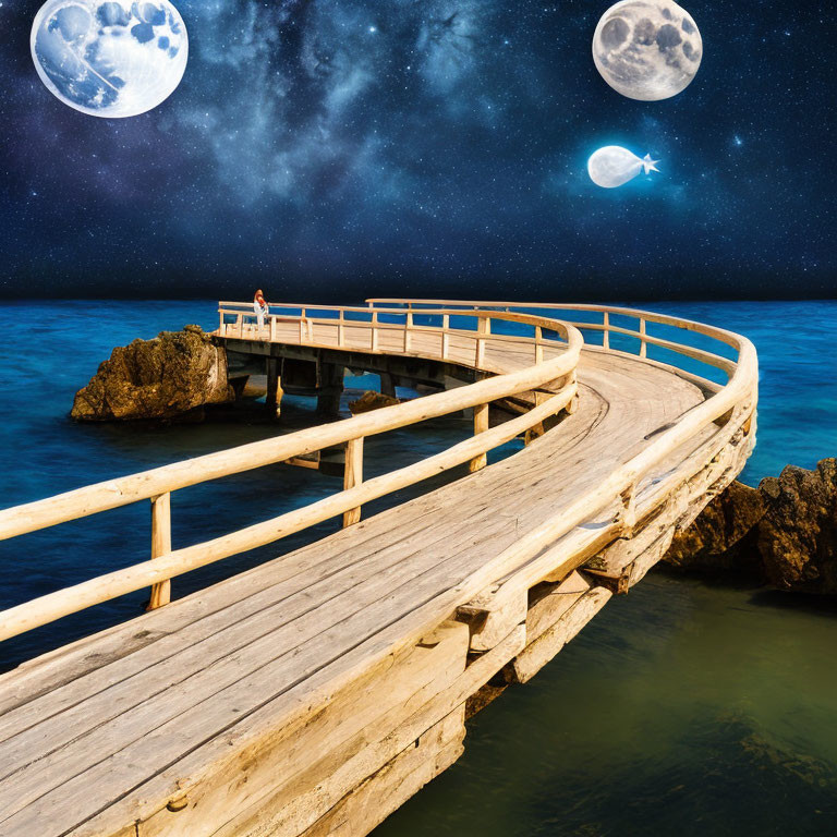 Wooden Pier Over Rocky Shore Night Scene with Surreal Sky