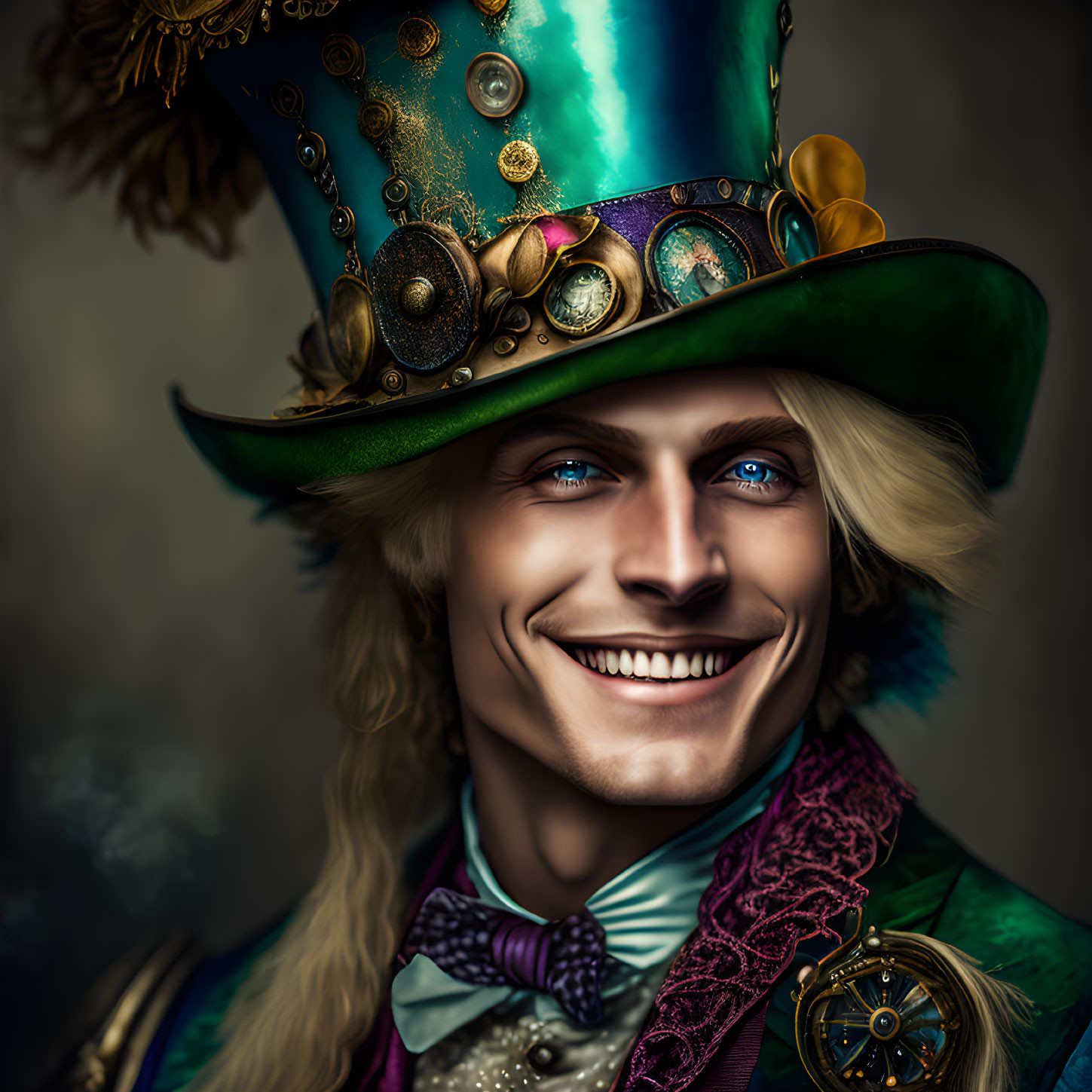 Smiling man portrait with steampunk green top hat and clocks