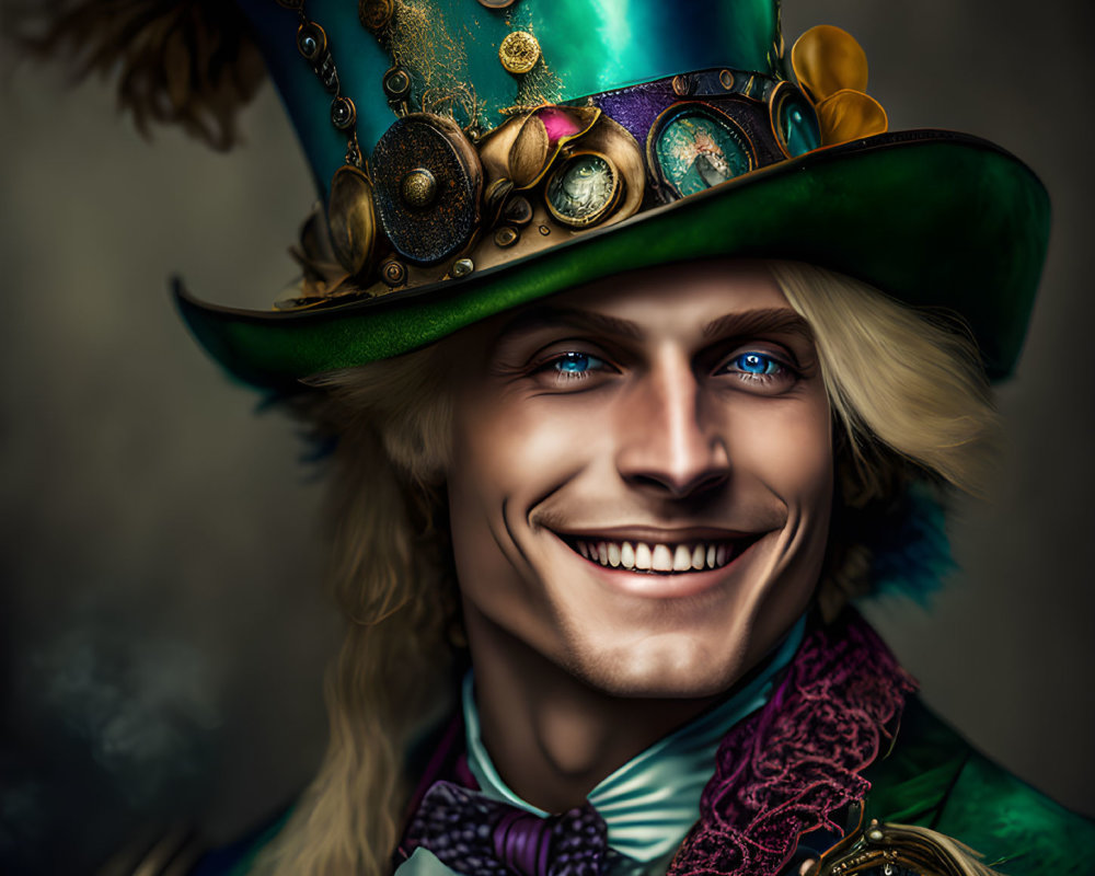 Smiling man portrait with steampunk green top hat and clocks