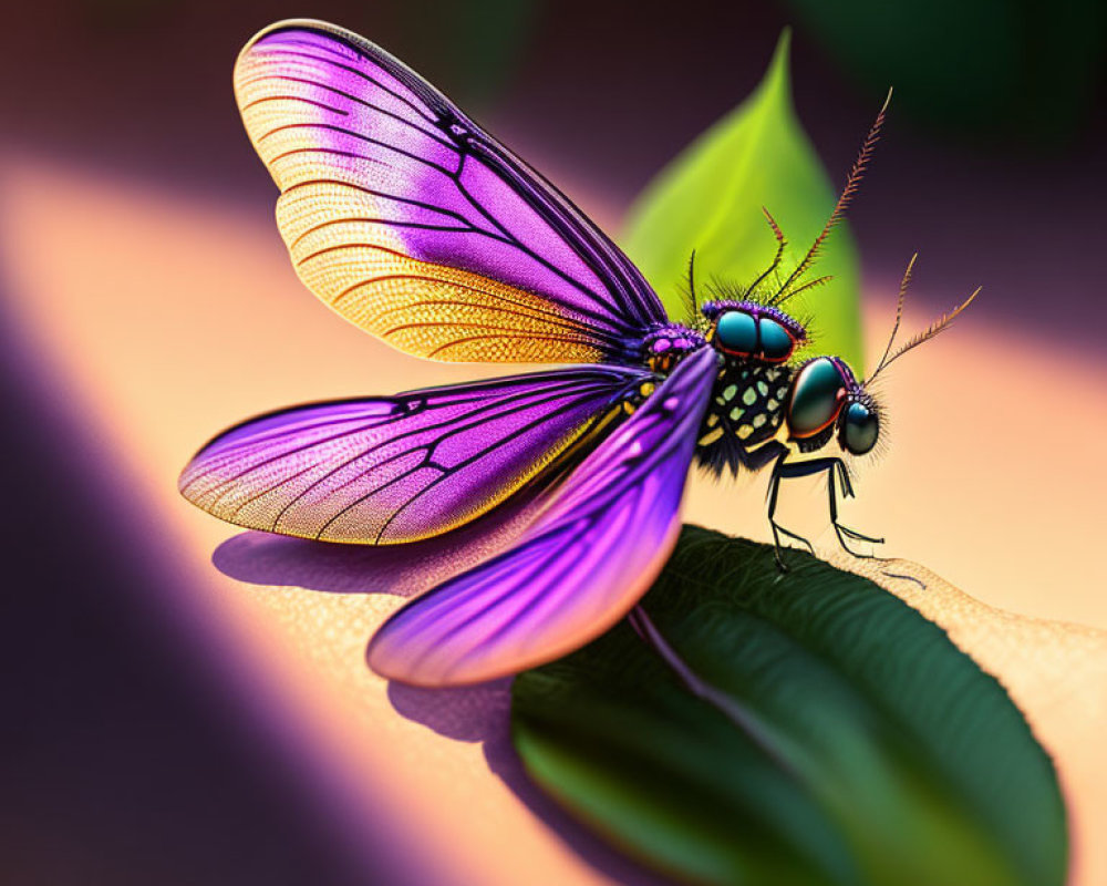 Colorful Butterfly Illustration with Iridescent Purple Wings on Green Leaf