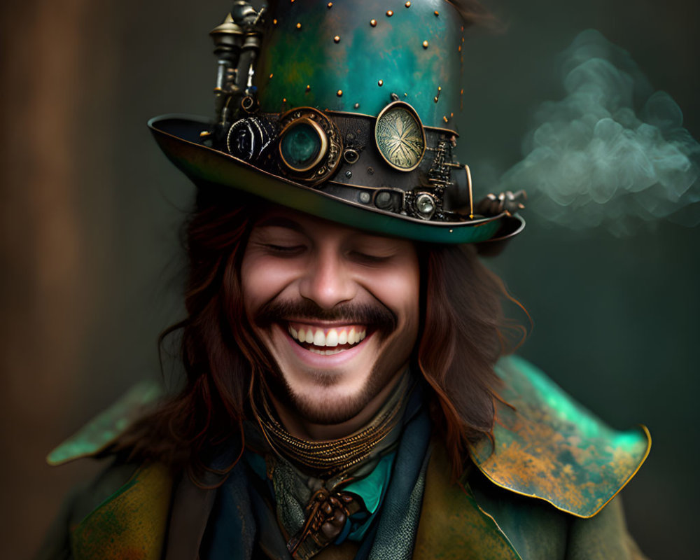 Smiling person with long brown hair in steampunk hat with gears, goggles, and telescope.