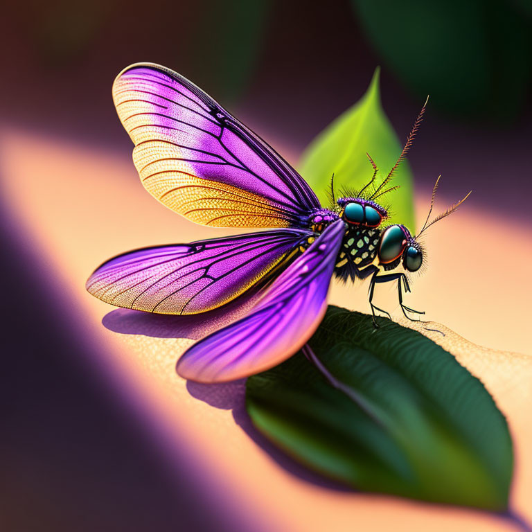 Colorful Butterfly Illustration with Iridescent Purple Wings on Green Leaf