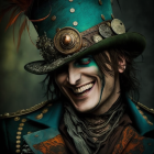 Smiling man portrait with steampunk green top hat and clocks