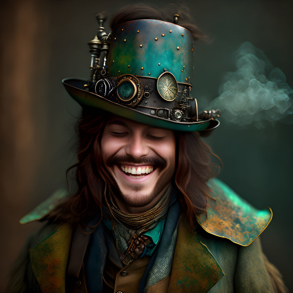 Smiling person with long brown hair in steampunk hat with gears, goggles, and telescope.