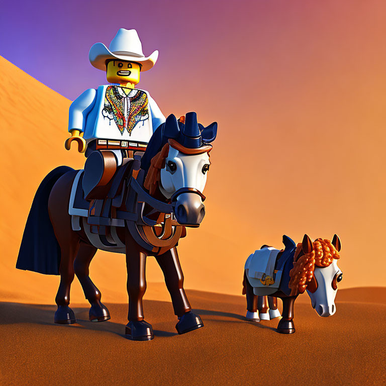 LEGO cowboy figure on horseback with smaller horse in desert scene