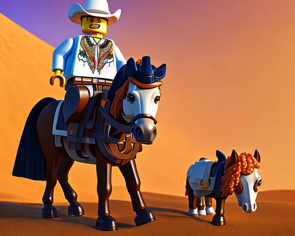 LEGO cowboy figure on horseback with smaller horse in desert scene